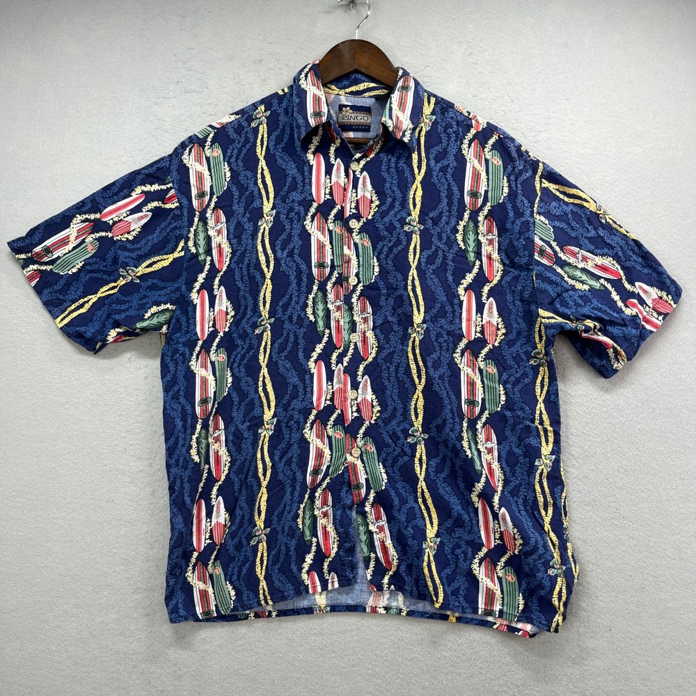 Ringo Sport Hawaiian Shirt Mens Large Blue Surfboard Lei Rayon Aloha Tropical